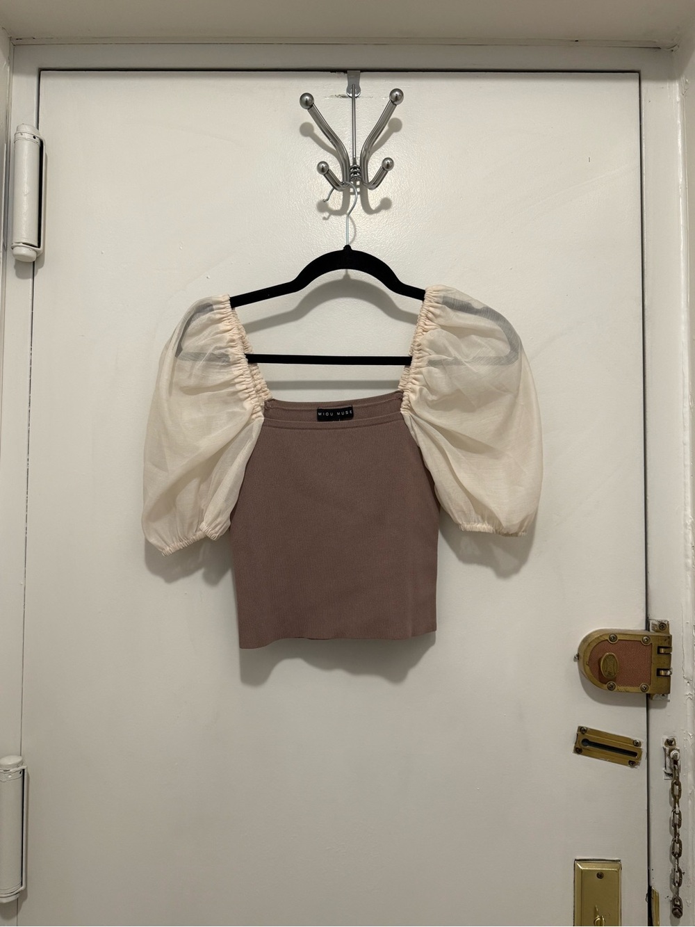 Babydoll Puff Sleeve Crop Top in Cream and Brown
